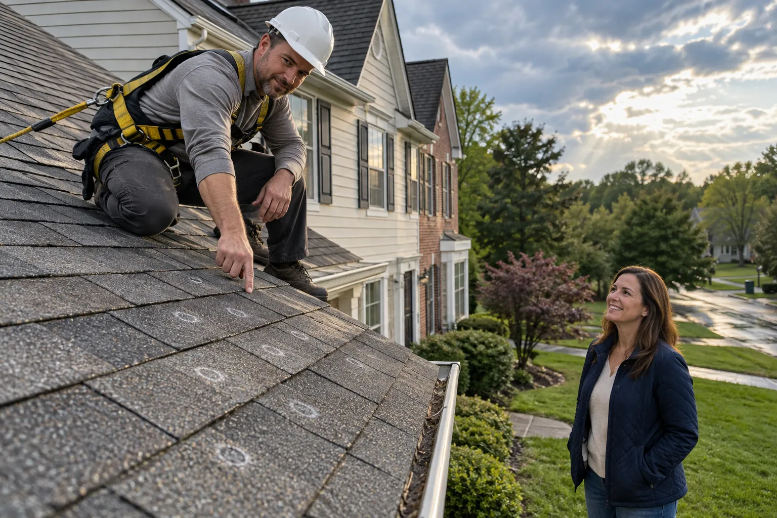 Roofing provider inspecting hail-damaged shingles on a home in Aberdeen after a storm